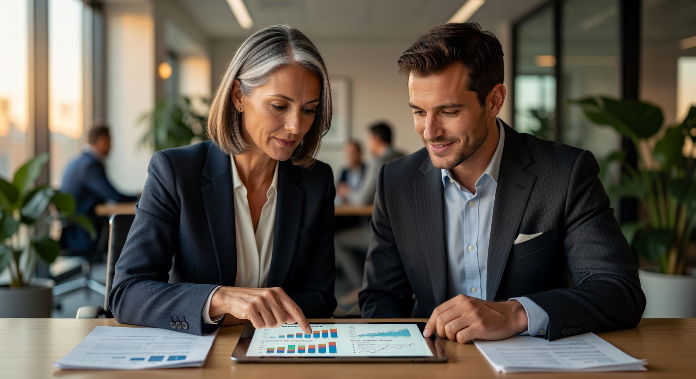 Photorealistic close-up of two professionals in deep collaboration, one mentoring the other at a modern workspace, pointing at strategic documents on a tablet, warm natural lighting, expressions of trust and engagement