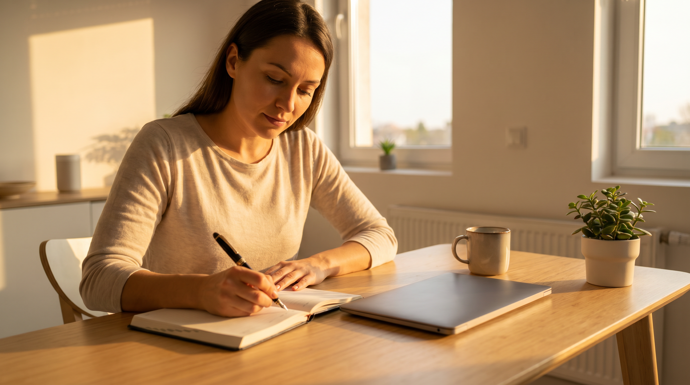 Photorealistic image of a person at a clean modern desk during golden hour, writing in a journal with a pen, laptop closed beside them, peaceful focused expression, symbolizing clarity and intentional prioritization