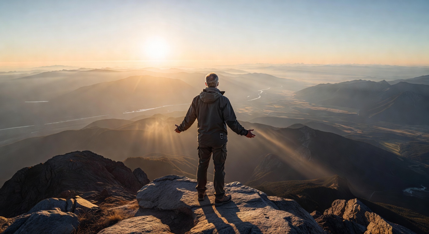Photorealistic wide shot of a person standing confidently at the edge of a mountain summit at sunrise, arms slightly open, looking out over a vast landscape, symbolizing achievement and strategic vision, golden hour lighting, inspirational and empowering mood