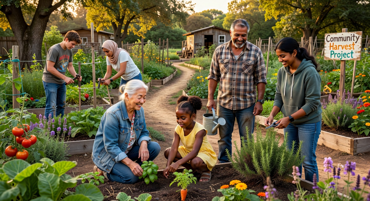 A diverse group of people in a community garden or volunteer setting, working together, smiling, natural outdoor lighting, showing intergenerational connection and purpose-driven activity