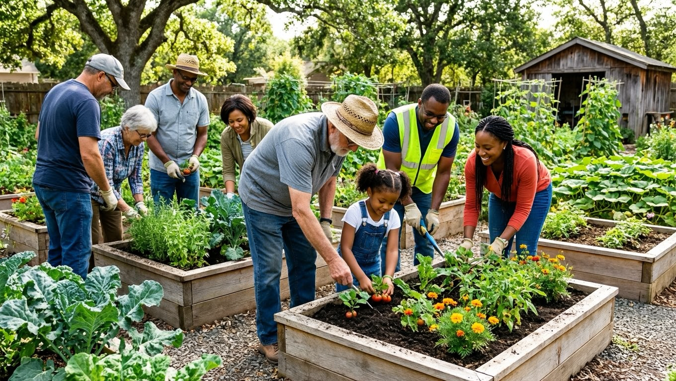 A diverse group of people in a community garden or volunteer setting, working together, smiling, natural outdoor lighting, showing intergenerational connection and purpose-driven activity