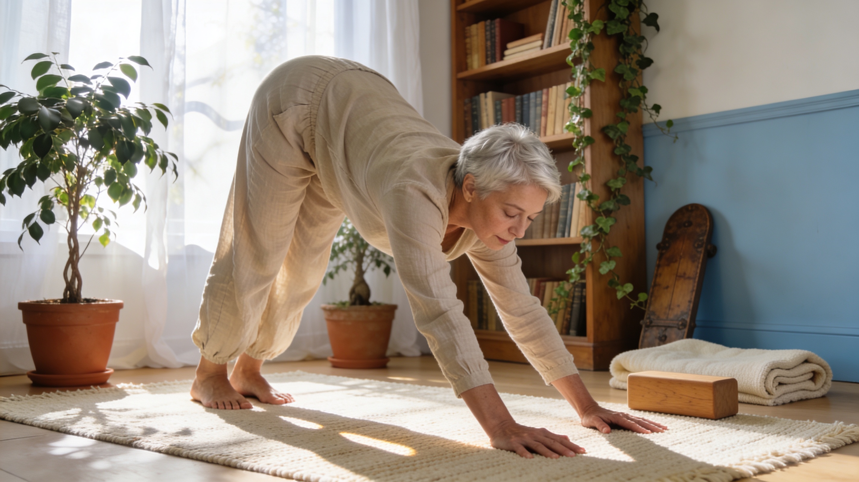 A person in their 50s-60s doing gentle morning yoga, sunlit room with plants, calm expression, wearing comfortable clothing, natural and serene atmosphere
