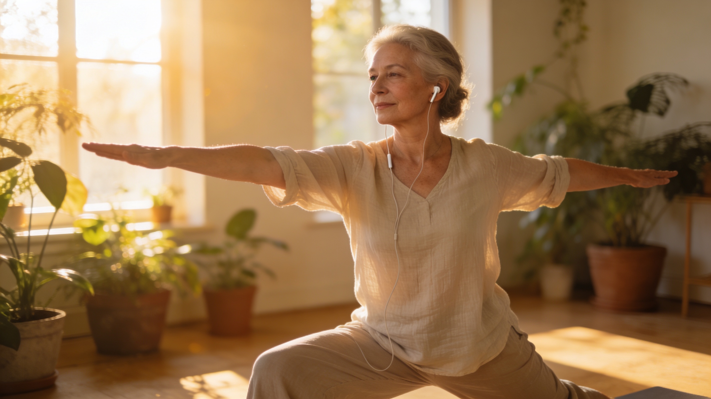A person in their 50s-60s doing gentle morning stretching with earbuds in, in a peaceful, sunlit room with plants, calm expression, wearing comfortable clothing, natural and serene atmosphere
