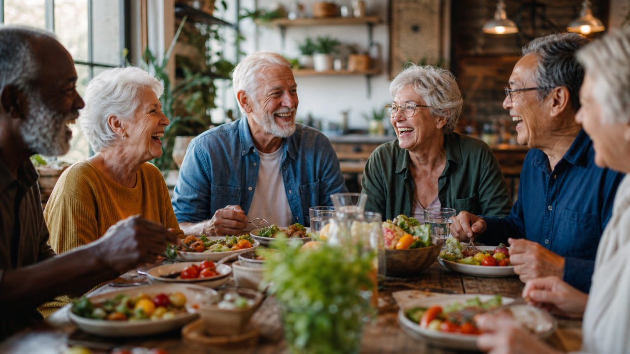 Photorealistic image of a diverse group of people in their 60s-80s laughing together around a rustic wooden dinner table filled with colorful whole foods, warm natural lighting, genuine connection visible on their faces, cozy kitchen setting with plants and natural textures
