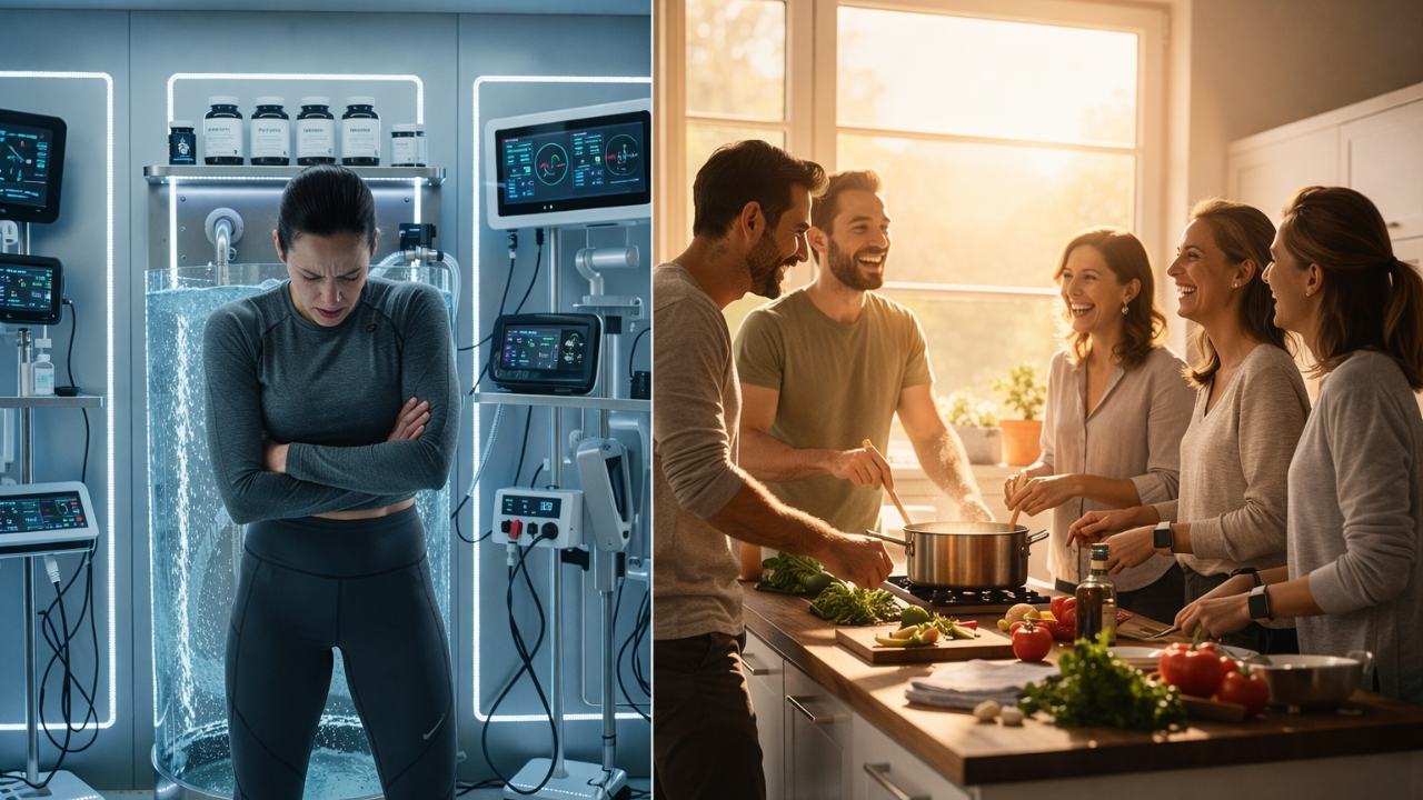  Photorealistic split-screen comparison: left side shows a stressed person alone in a high-tech biohacking lab surrounded by expensive equipment, cold plunge tank, supplements; right side shows the same person laughing with friends while cooking a simple meal together in a warm, sunlit kitchen, natural and relaxed atmosphere