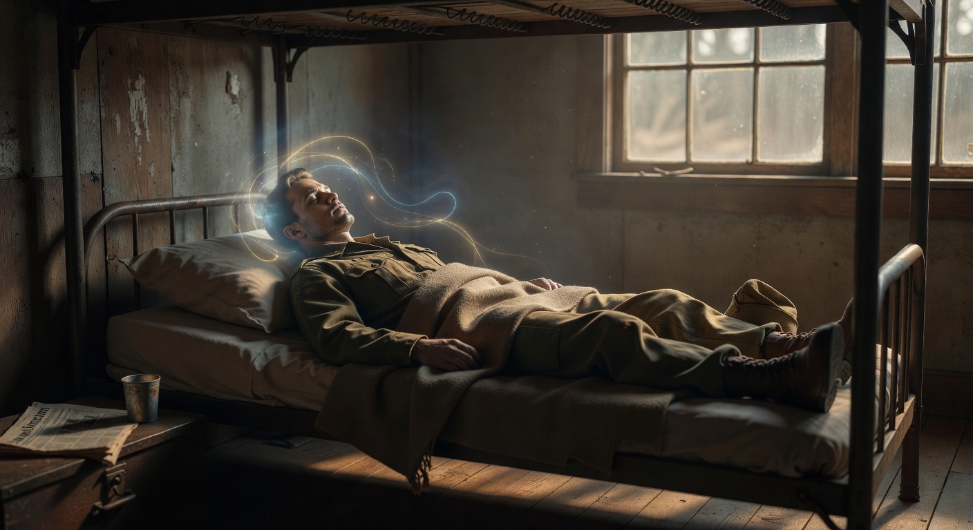 A mystical, photorealistic scene of a man in 1940s attire lying on a military bunk bed in a dim Oklahoma army barracks, eyes closed in deep meditation, with a subtle golden-blue aura emanating from his head, soft light filtering through barracks windows