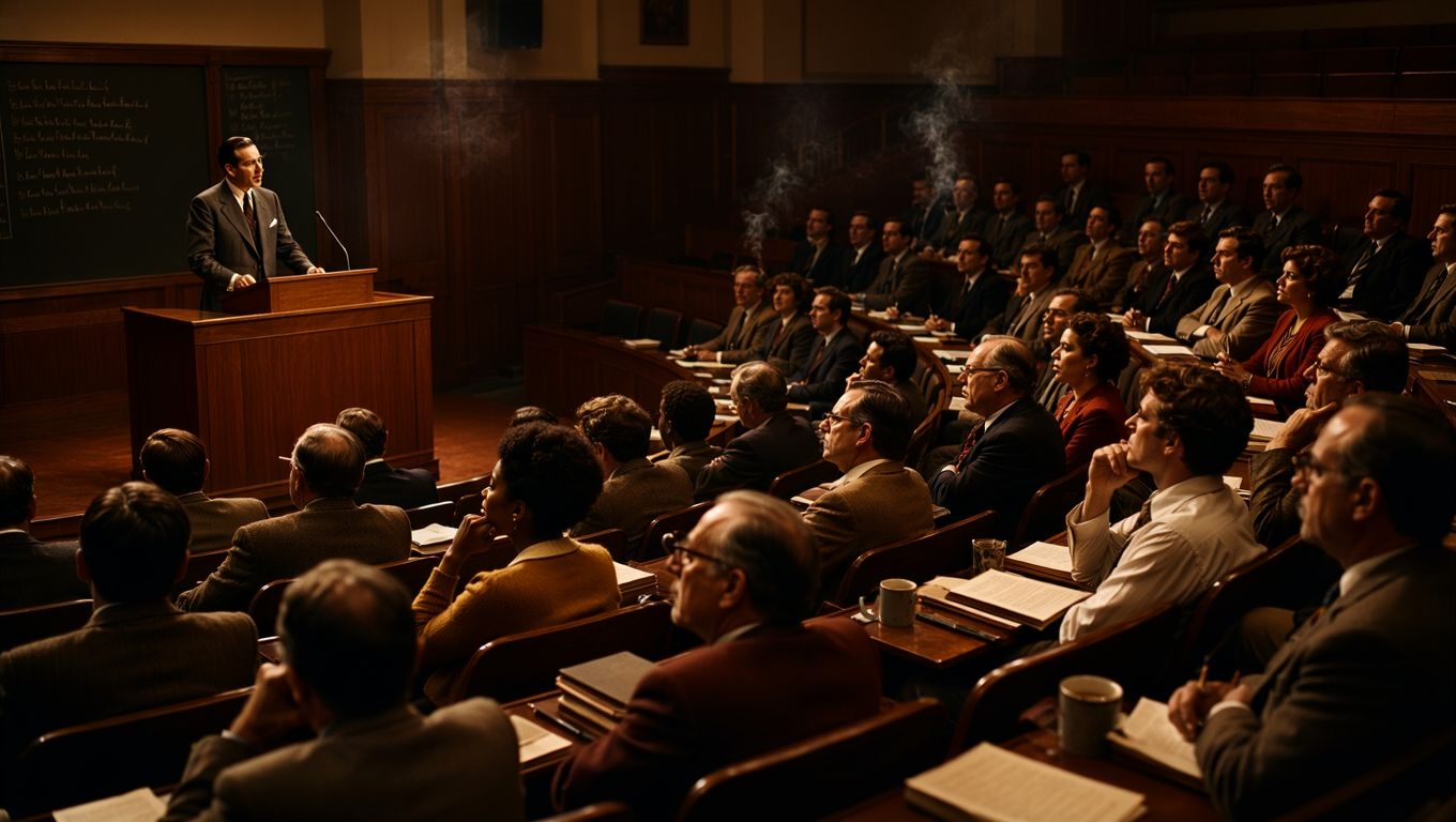 A photorealistic depiction of a diverse group of people in 1960s New York lecture hall, sitting in rapt attention, with a speaker at a podium bathed in warm stage light, some audience members looking inspired while others appear confused or skeptical, vintage atmosphere