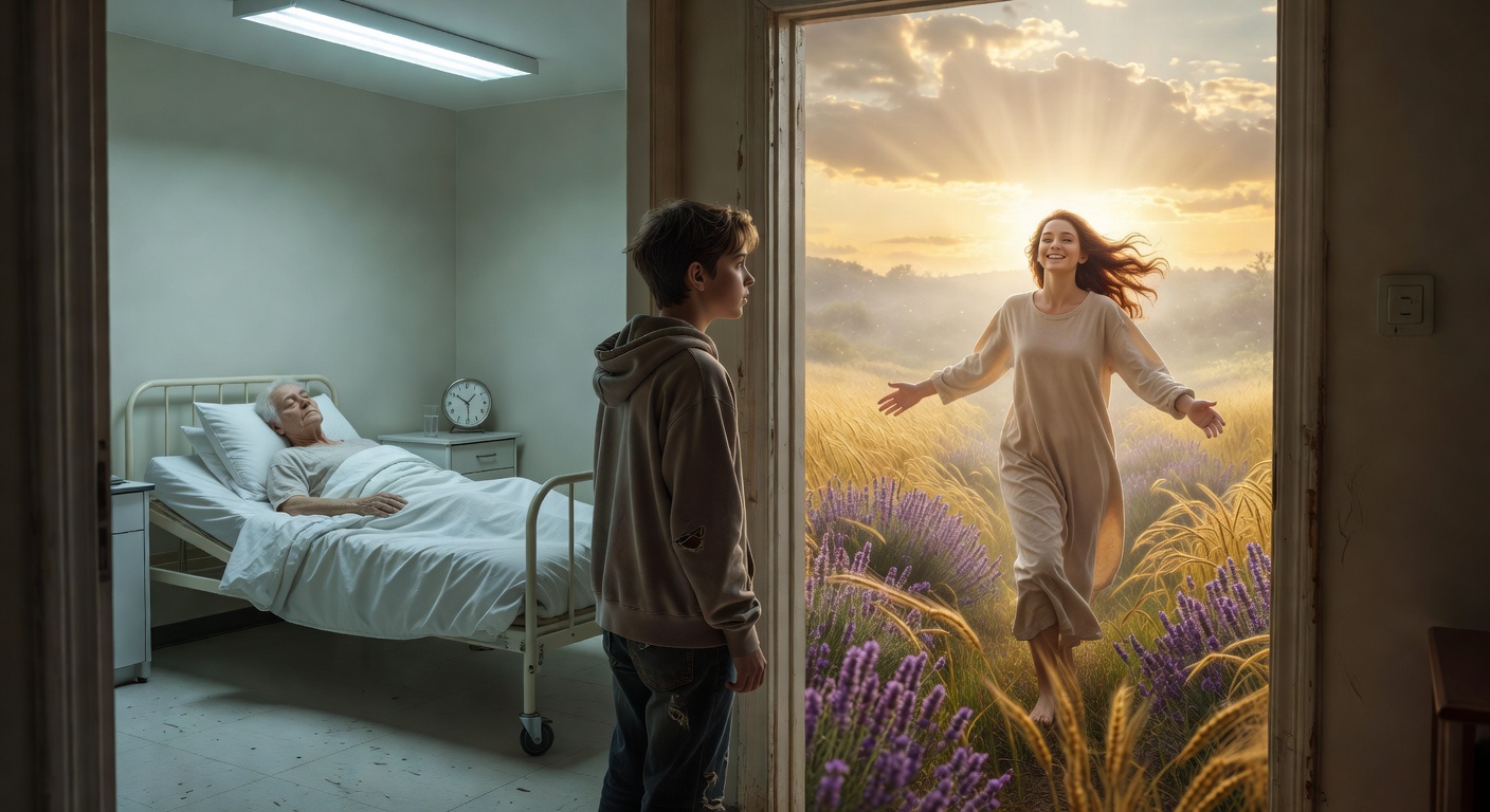 A surreal yet photorealistic image of a young person (around 20 years old) standing in a doorway between two worlds—one side showing an elderly person in a hospital bed, the other side showing the same soul young and vibrant in a sunlit garden, soft ethereal glow, symbolic transition
