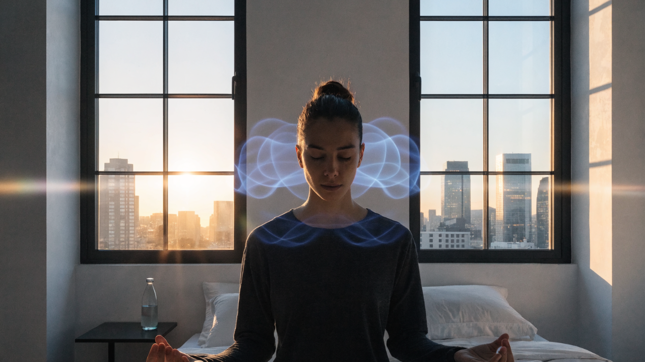A modern, photorealistic scene of someone meditating at dawn in a minimalist bedroom, soft theta-wave visualization effects (subtle blue-purple neural network patterns) around their head, morning light streaming through windows, peaceful expression, scientific yet spiritual atmosphere