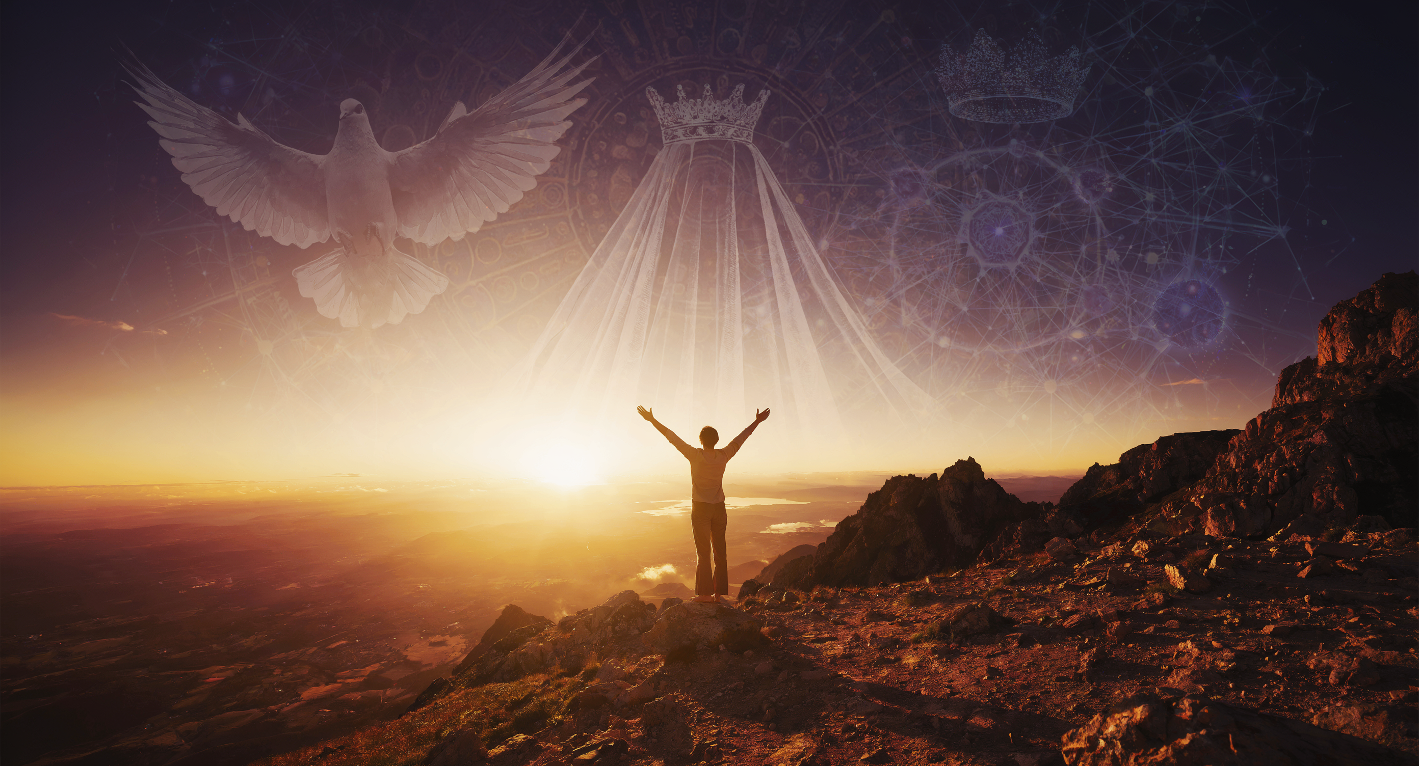 A person standing on a mountaintop at sunrise, arms open wide, with a subtle overlay of ancient biblical symbols (dove, veil, crown) fading into modern neural network patterns, representing the fusion of mysticism and consciousness science