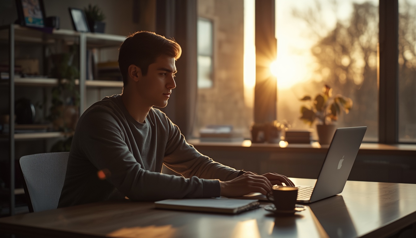 A motivated male creator at a clean modern desk with a laptop, notebook, coffee, warm sunrise light coming through the window, subtle spiritual and inspirational atmosphere, calm but powerful mood