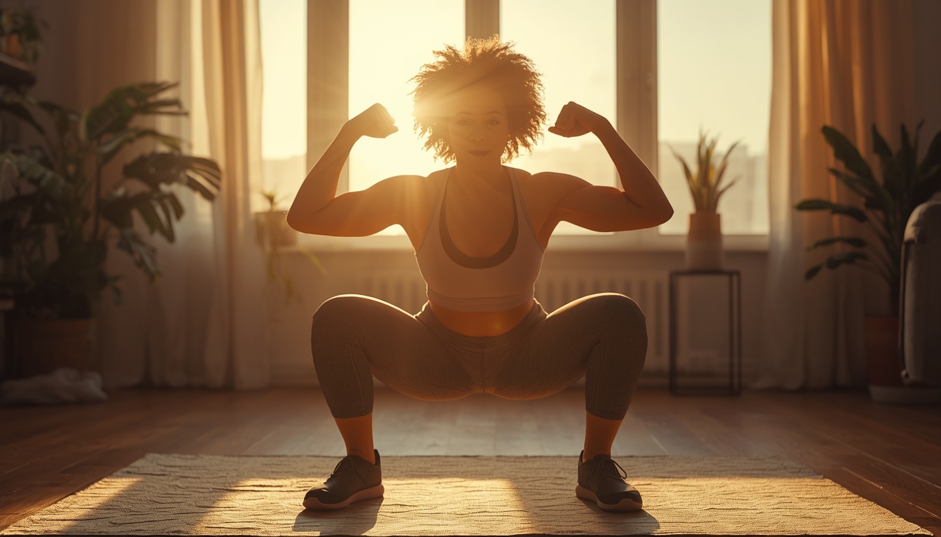 A diverse person in their 40s-50s doing a simple bodyweight squat in a bright, modern home living room at sunrise, warm golden light streaming through windows, looking strong and confident, wearing comfortable athletic wear, plants in background