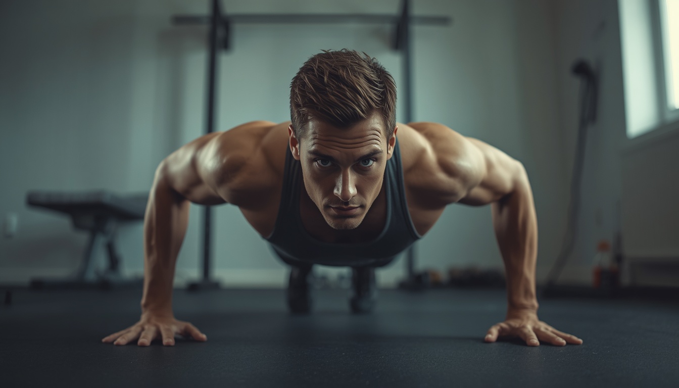 A person in their 30s-40s doing a 20-second set of intense push-ups in a minimalist home gym setup, showing focused determination, soft natural lighting, clean aesthetic