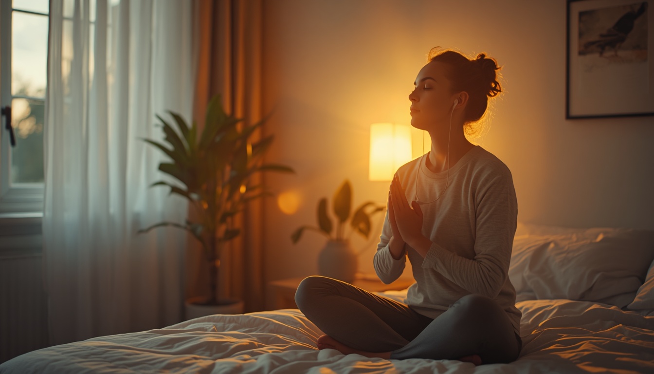 A peaceful morning scene showing a woman in their 30s-50s sitting on the edge of their bed at sunrise, doing a simple breathing exercise or light stretch, warm golden morning light, cozy bedroom with plants, calm and intentional atmosphere
