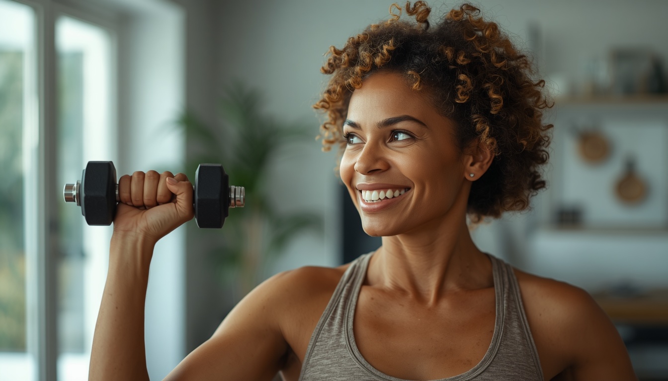 A diverse person in their 40s-60s successfully completing a simple strength exercise, lifting a dumbell, with a genuine smile of accomplishment, bright modern home setting, natural lighting, inspiring and accessible fitness vibe
