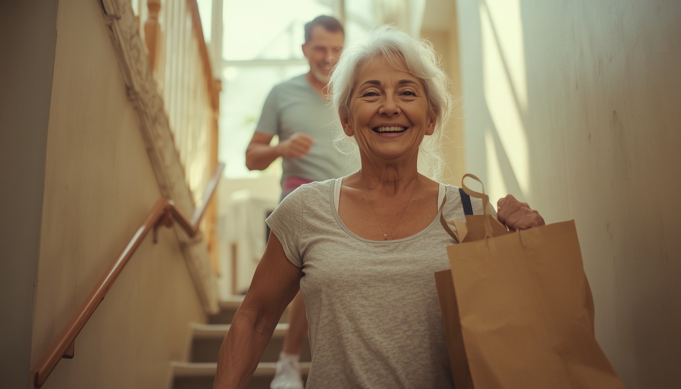 A person in their 50s-70s actively enjoying life with strength and vitality—hiking up stairs and carrying groceries with ease—warm natural lighting, joyful expression, showing real-life benefits of strength training