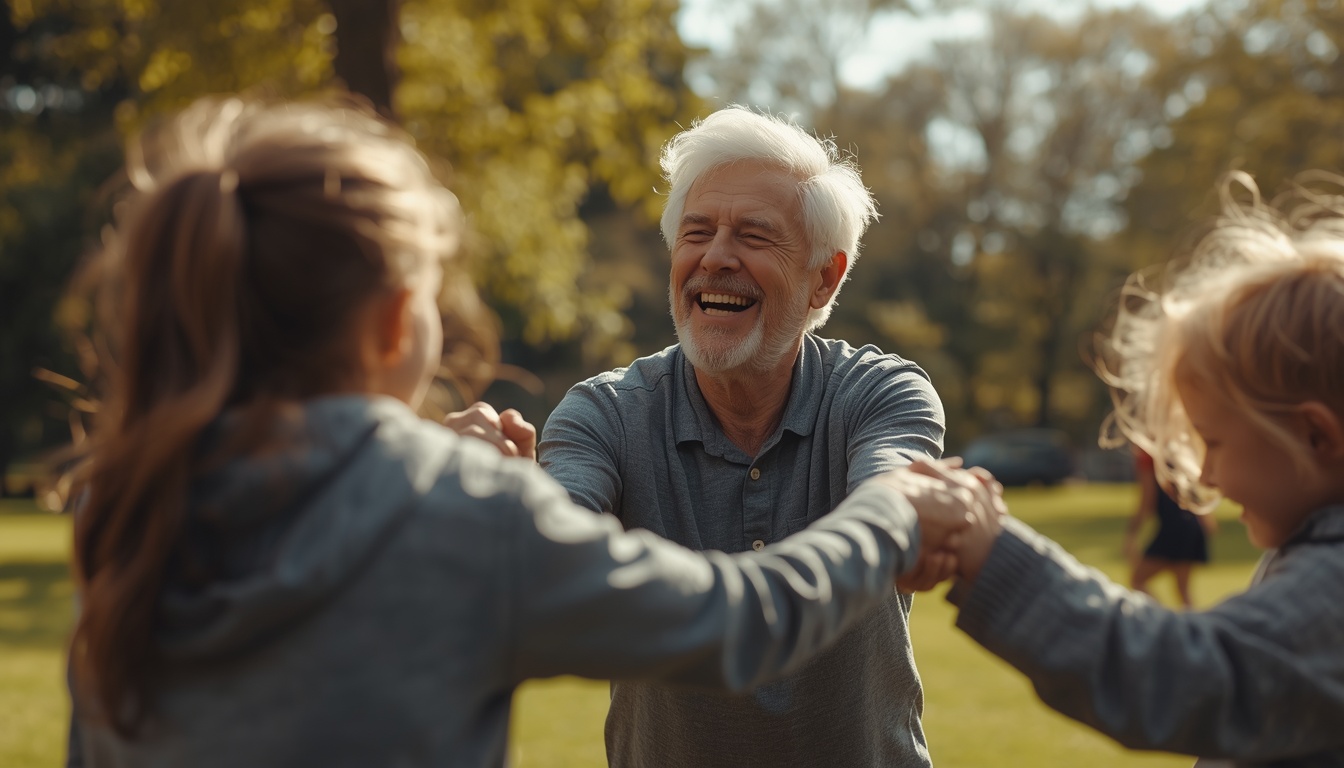 A person in their 50s-70s actively enjoying life with strength and vitality— playing with grandchildren in the park—warm natural lighting, joyful expression, showing real-life benefits of strength training