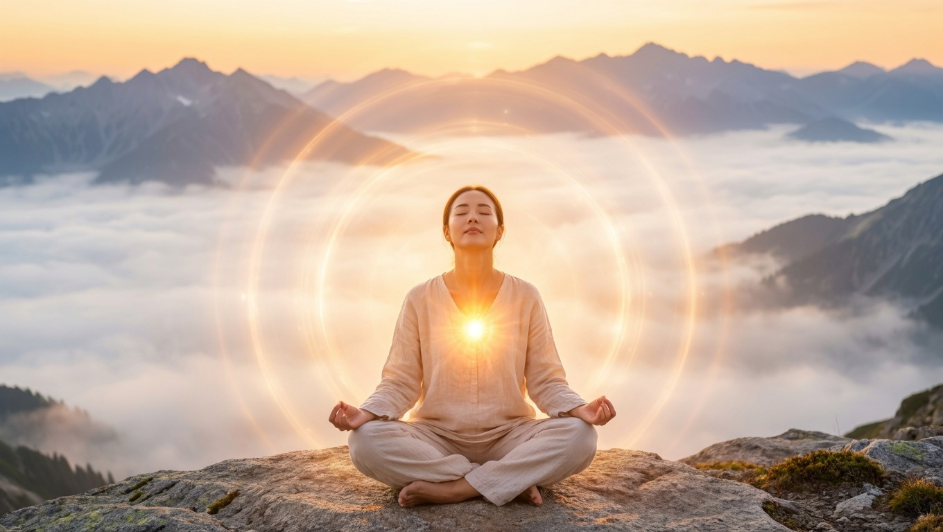 A serene sunrise scene showing a person in peaceful meditation on a mountaintop, golden light radiating from their heart center, visible energy waves emanating outward in concentric circles, ethereal and luminous atmosphere, soft focus background with misty mountains A serene sunrise scene showing a person in peaceful meditation on a mountaintop, golden light radiating from their heart center, visible energy waves emanating outward in concentric circles, ethereal and luminous atmosphere, soft focus background with misty mountains