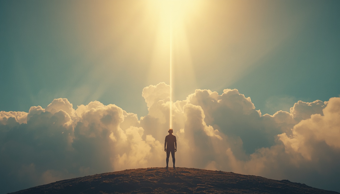 A person standing calmly on earth, looking upward, with a subtle, luminous golden bungee-cord-like energy tether connecting their heart to a radiant light source above the clouds, soft ethereal glow A person standing calmly on earth, looking upward, with a subtle, luminous golden bungee-cord-like energy tether connecting their heart to a radiant light source above the clouds, soft ethereal glow