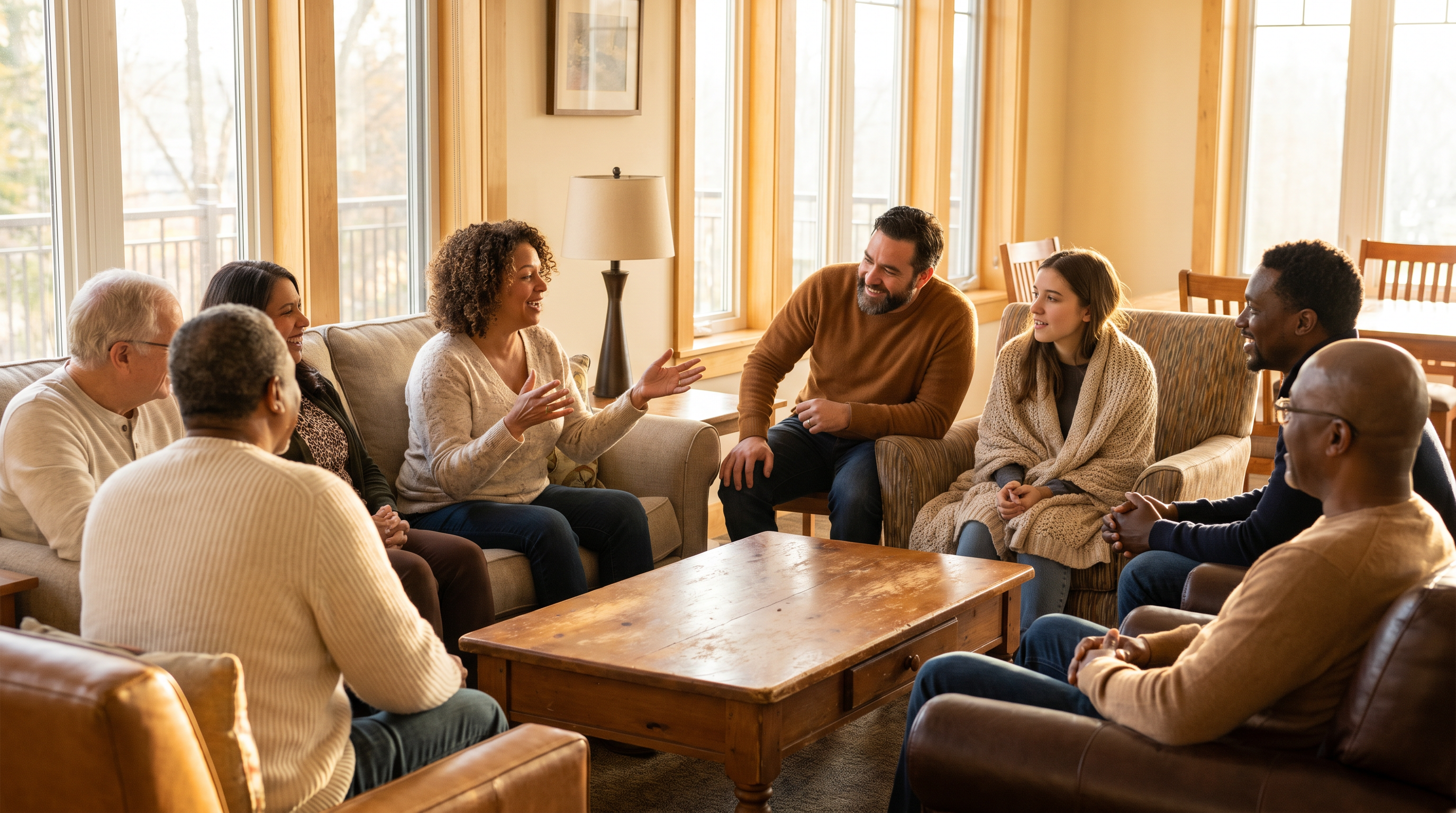 A diverse group of people in a sunlit living room or community space, laughing and connecting authentically, warm natural light, relaxed postures, genuine smiles, one person sharing while others listen with open, engaged expressions A diverse group of people in a sunlit living room or community space, laughing and connecting authentically, warm natural light, relaxed postures, genuine smiles, one person sharing while others listen with open, engaged expressions