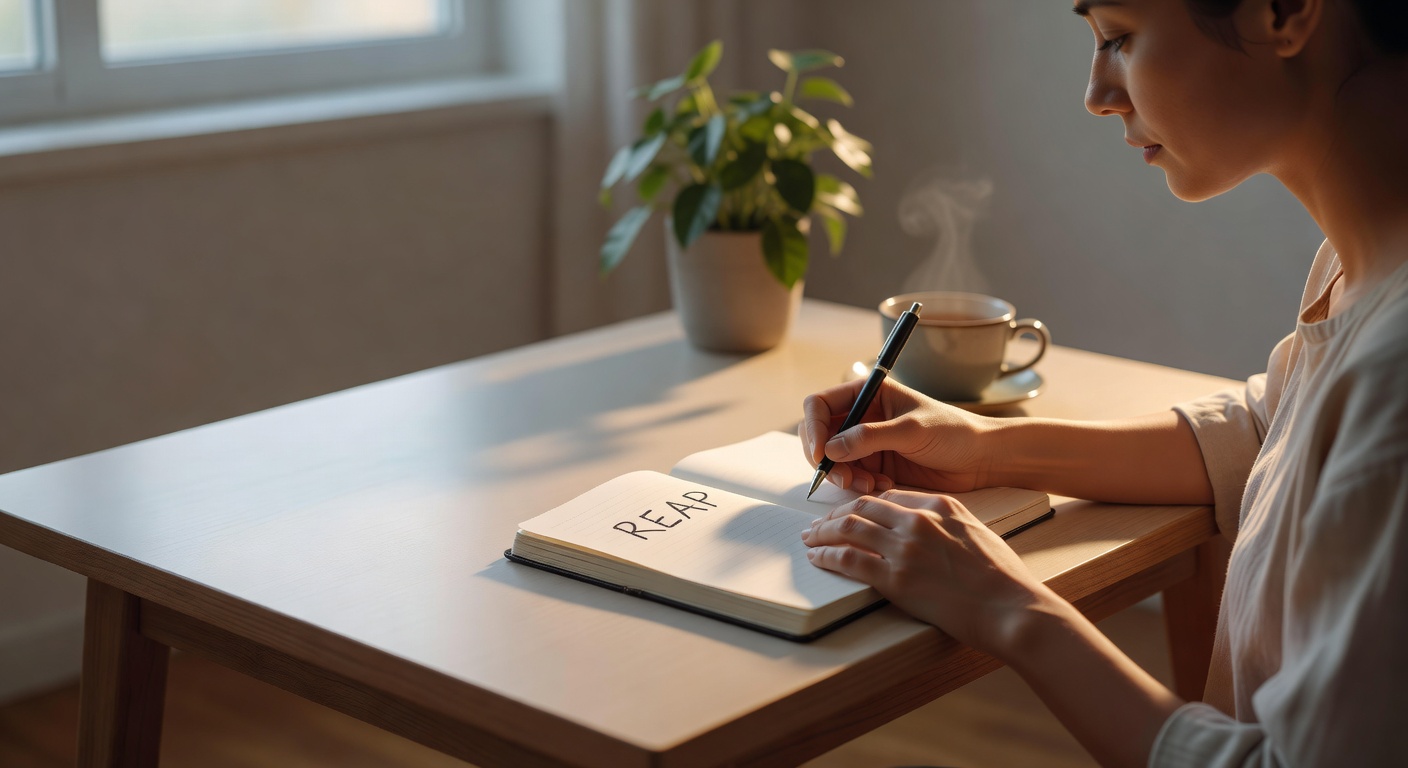 A person at a clean, simple desk in early morning light, writing in a journal with "REAP" visible on the page, soft focus background with a plant and cup of tea, hands relaxed, expression of quiet clarity, subtle golden rim light from window A person at a clean, simple desk in early morning light, writing in a journal with "REAP" visible on the page, soft focus background with a plant and cup of tea, hands relaxed, expression of quiet clarity, subtle golden rim light from window