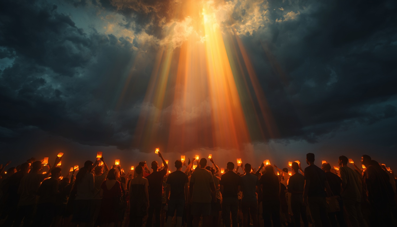 A powerful image of diverse people standing together holding lanterns or lights, their combined light forming a beam that pierces through dark storm clouds above, creating a rainbow in the sky, symbols of hope and unity, photorealistic, 16:9, dramatic contrast between darkness below and breakthrough light above, inspirational and hopeful A powerful image of diverse people standing together holding lanterns or lights, their combined light forming a beam that pierces through dark storm clouds above, creating a rainbow in the sky, symbols of hope and unity, photorealistic, 16:9, dramatic contrast between darkness below and breakthrough light above, inspirational and hopeful