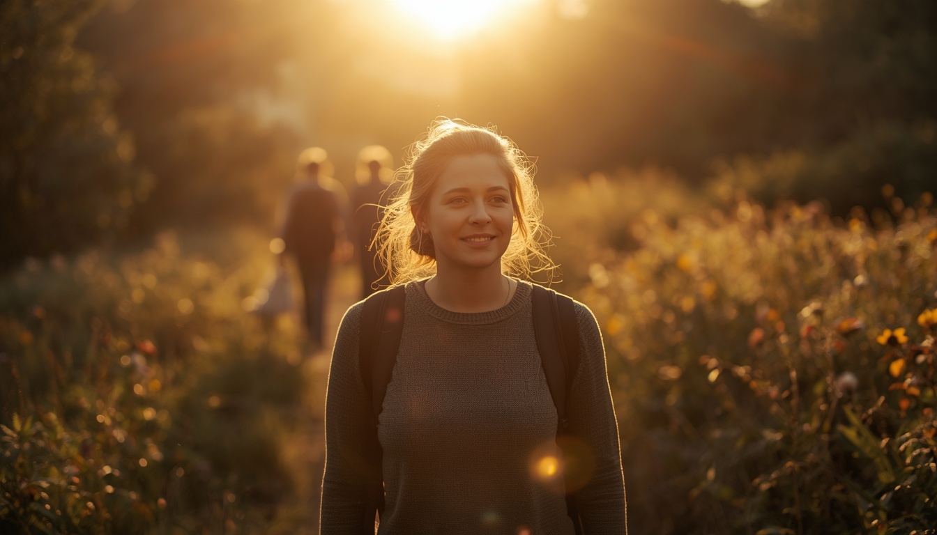 A person walking confidently down a nature trail at golden hour, shoulders relaxed, slight smile, looking ahead with calm determination, soft backlight creating a gentle halo effect (natural lighting, not supernatural), diverse natural background with colorful flowers, blurred people interacting A person walking confidently down a nature trail at golden hour, shoulders relaxed, slight smile, looking ahead with calm determination, soft backlight creating a gentle halo effect (natural lighting, not supernatural), diverse natural background with colorful flowers, blurred people interacting