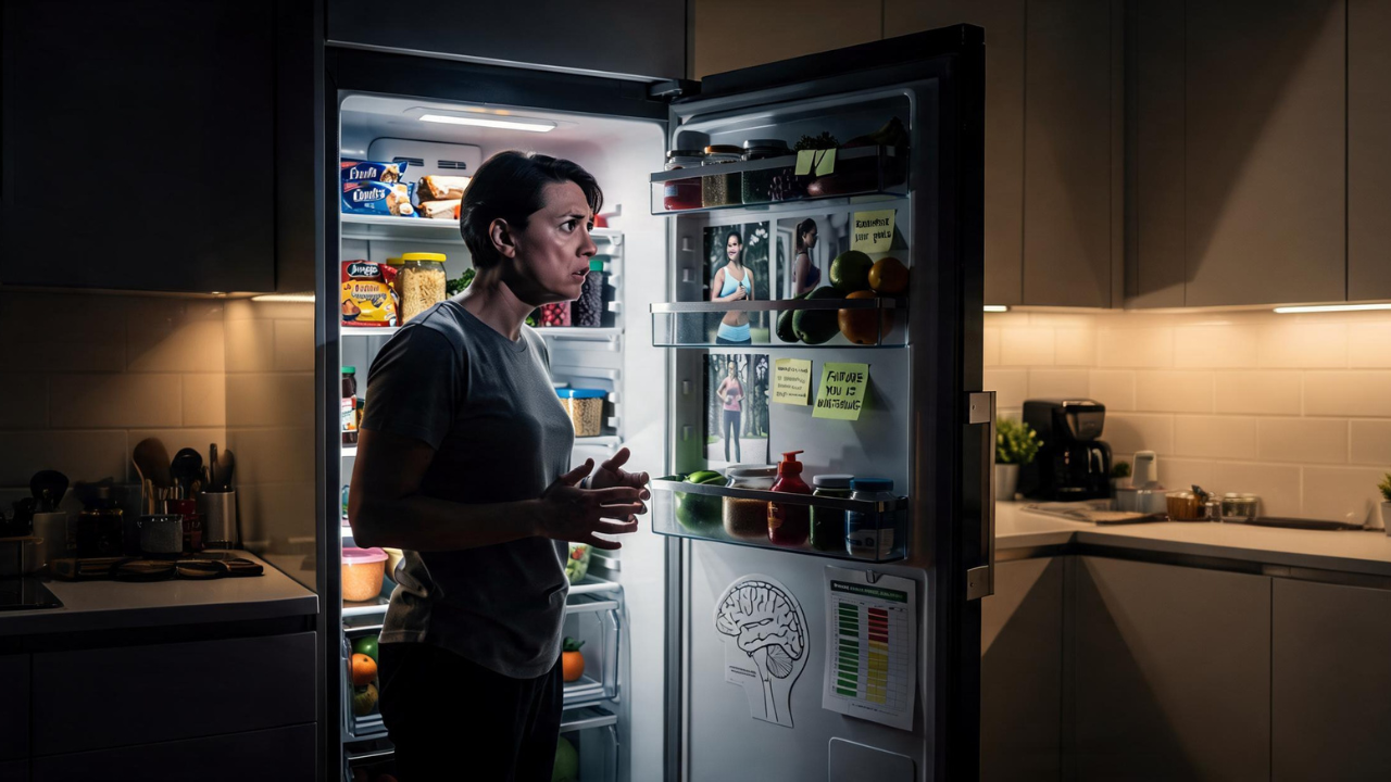 A person standing at an open refrigerator late at night, conflicted facial expression, one side of fridge covered in healthy motivational images and future-self reminders, cinematic kitchen lighting