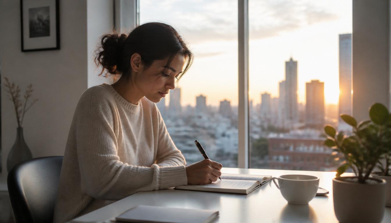 A person sitting at a clean, minimalist desk in soft morning light, journal open with handwritten notes, a simple cup of coffee nearby, window showing early sunrise, calm and focused expression, shallow depth of field, professional lifestyle photography style, warm neutral tones