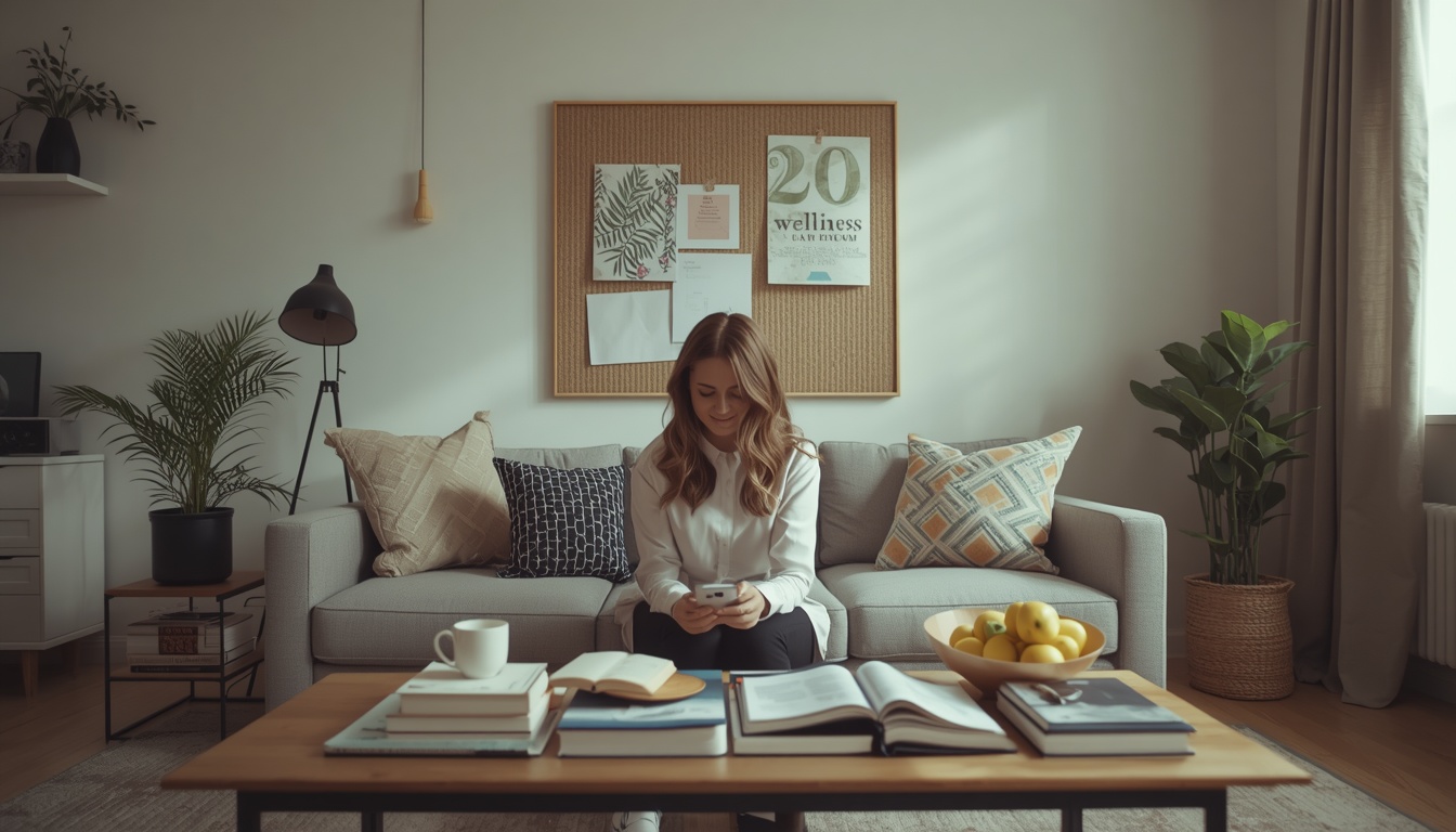 A person rearranging their living room and workspace with intentionality, wellness books, vision board, clean organized environment, subtle feeling of transformation and novelty, modern realistic home, natural lighting