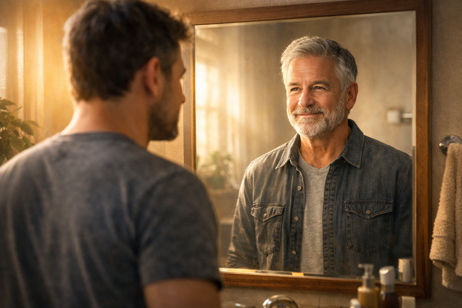 Photorealistic image of older future self reflection concept, younger person looking into mirror and seeing healthy vibrant older version of themselves, emotional and inspiring, cinematic realism, subtle spiritual-consciousness tone