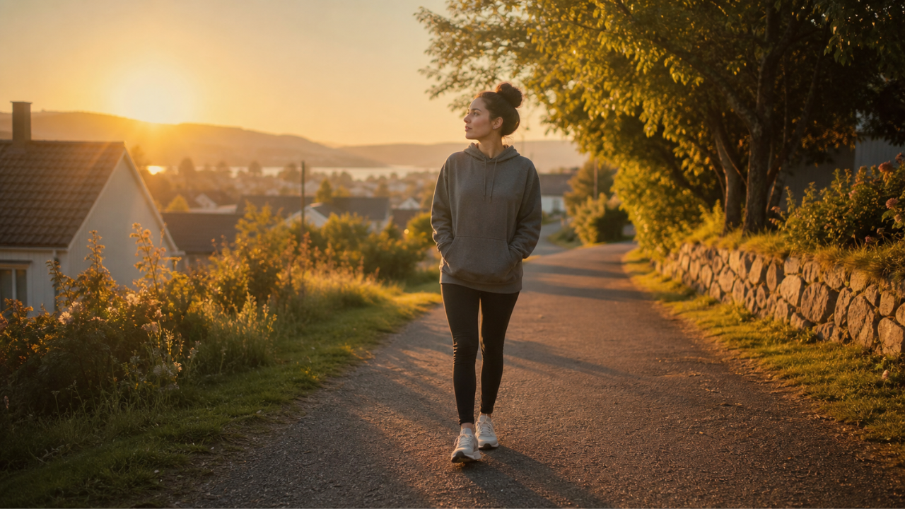 Photorealistic image of a person standing on a quiet neighborhood path at sunrise, looking thoughtfully ahead, one foot slightly forward as if taking a step, soft golden hour lighting, natural outdoor setting, inspirational but grounded mood