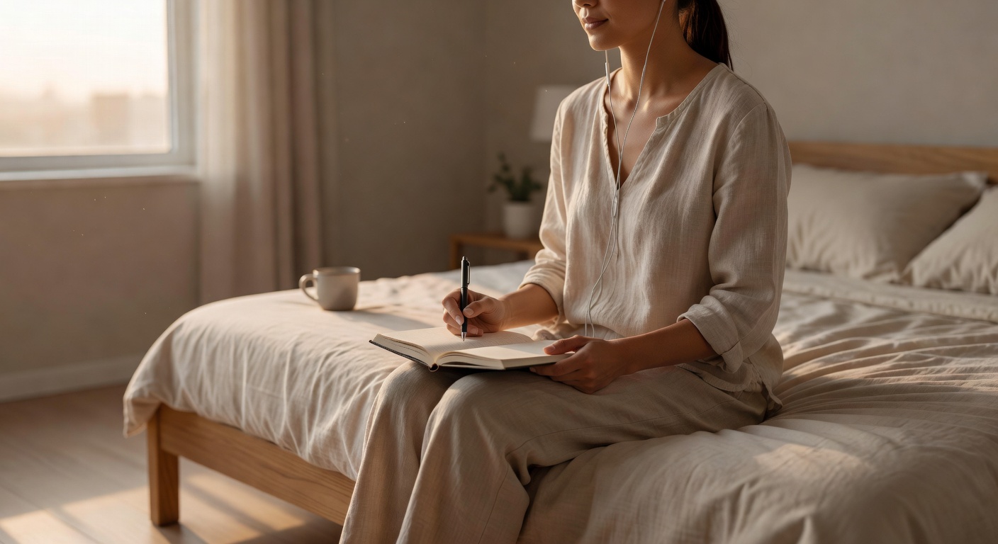 Photorealistic image of a person sitting comfortably on the edge of their bed in early morning light, holding a simple journal and pen, earbuds in, soft sunrise glow through bedroom window, calm and intentional posture, minimal clutter, peaceful atmosphere, professional wellness photography style