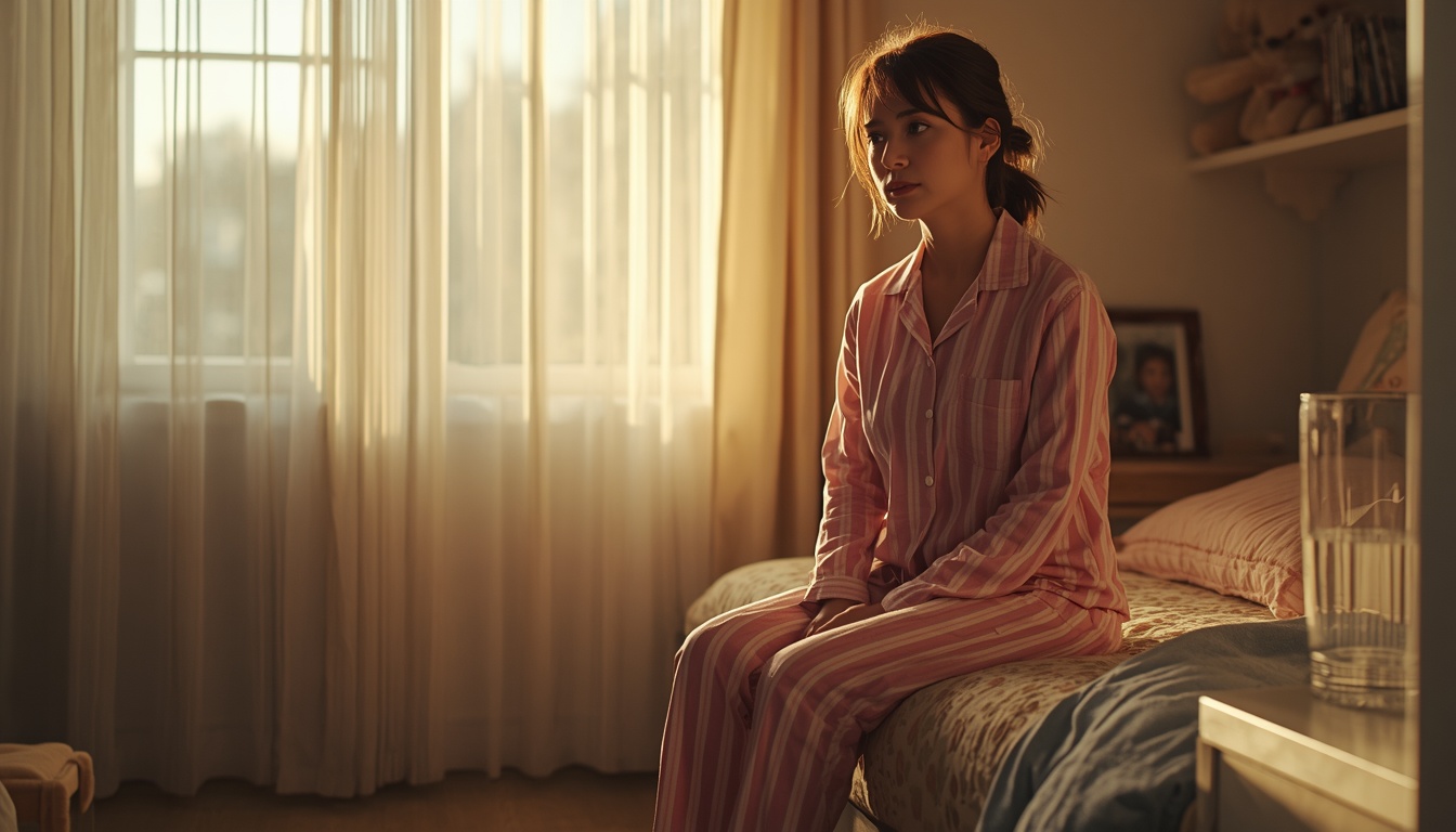 A woman sitting quietly on the edge of a child's bed in a softly lit bedroom, morning light filtering through sheer curtains, a simple glass of water on the nightstand, her posture calm and reflective, personal items subtly visible (a stuffed animal on the shelf, a framed school photo), realistic home environment, shallow depth of field focusing on her contemplative expression, warm natural tones
