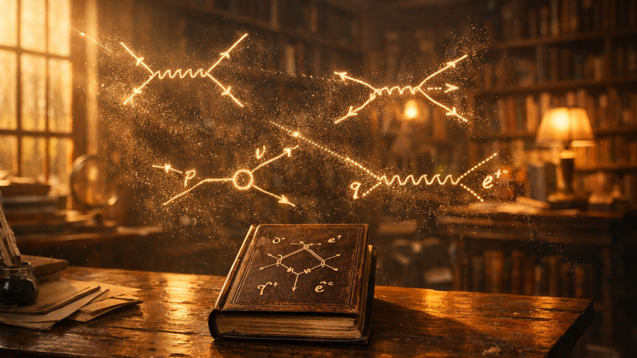 Photorealistic image of an ancient bookstore at dawn, golden light streaming through windows illuminating dust particles that form geometric Feynman diagram patterns in the air, a single leather-bound book on a wooden table with quantum physics symbols embossed on the cover, mystical yet scientific atmosphere Photorealistic image of an ancient bookstore at dawn, golden light streaming through windows illuminating dust particles that form geometric Feynman diagram patterns in the air, a single leather-bound book on a wooden table with quantum physics symbols embossed on the cover, mystical yet scientific atmosphere
