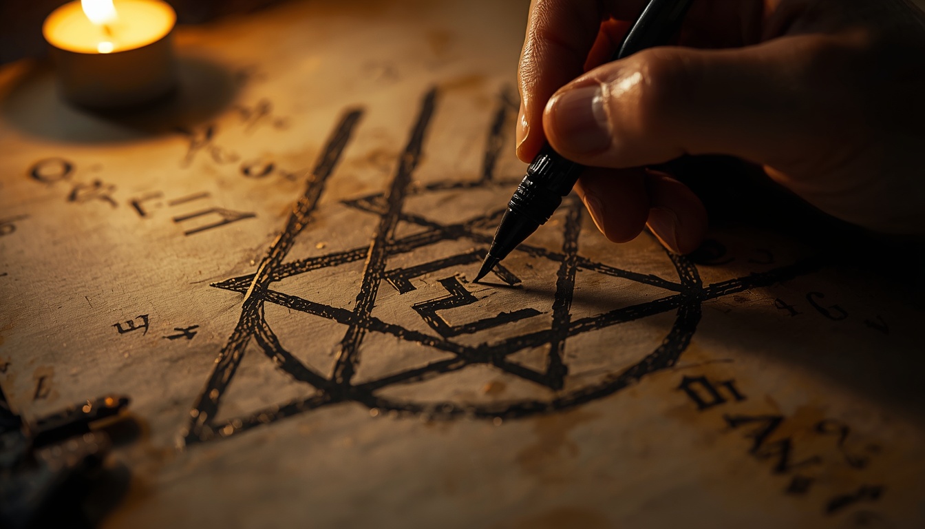 Photorealistic close-up of an artist's hand drawing an abstract sigil on aged parchment with black ink, geometric letters merging into a non-representational symbol, candlelight casting dramatic shadows, quantum physics equations faintly visible in the background like a watermark, mystical yet precise atmosphere Photorealistic close-up of an artist's hand drawing an abstract sigil on aged parchment with black ink, geometric letters merging into a non-representational symbol, candlelight casting dramatic shadows, quantum physics equations faintly visible in the background like a watermark, mystical yet precise atmosphere