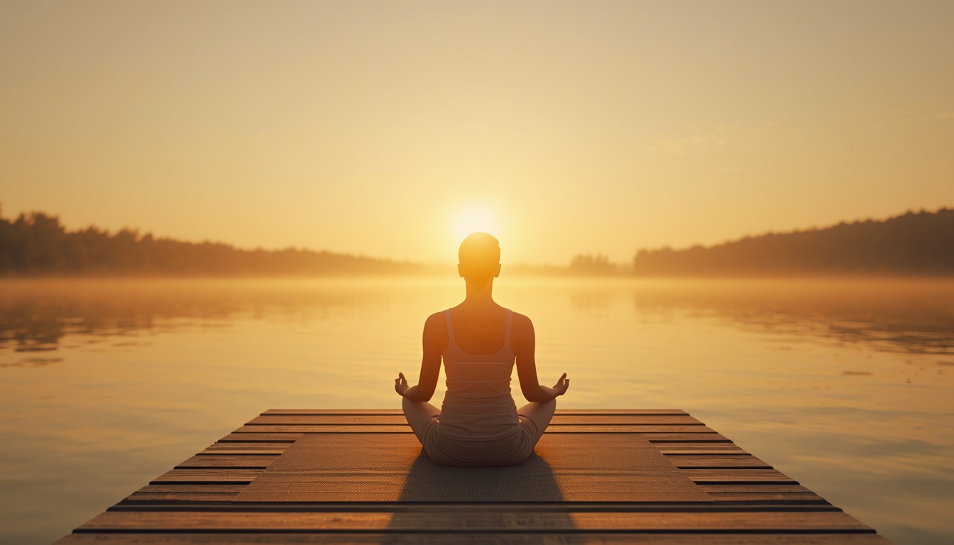 Photorealistic image of a person sitting cross-legged on a yoga mat on a wooden pier, facing sunrise with a beautiful landscape of a calm lake. Soft golden light on still water. Distant tree line. Peaceful, expansive, hopeful Photorealistic image of a person sitting cross-legged on a yoga mat on a wooden pier, facing sunrise with a beautiful landscape of a calm lake. Soft golden light on still water. Distant tree line. Peaceful, expansive, hopeful
