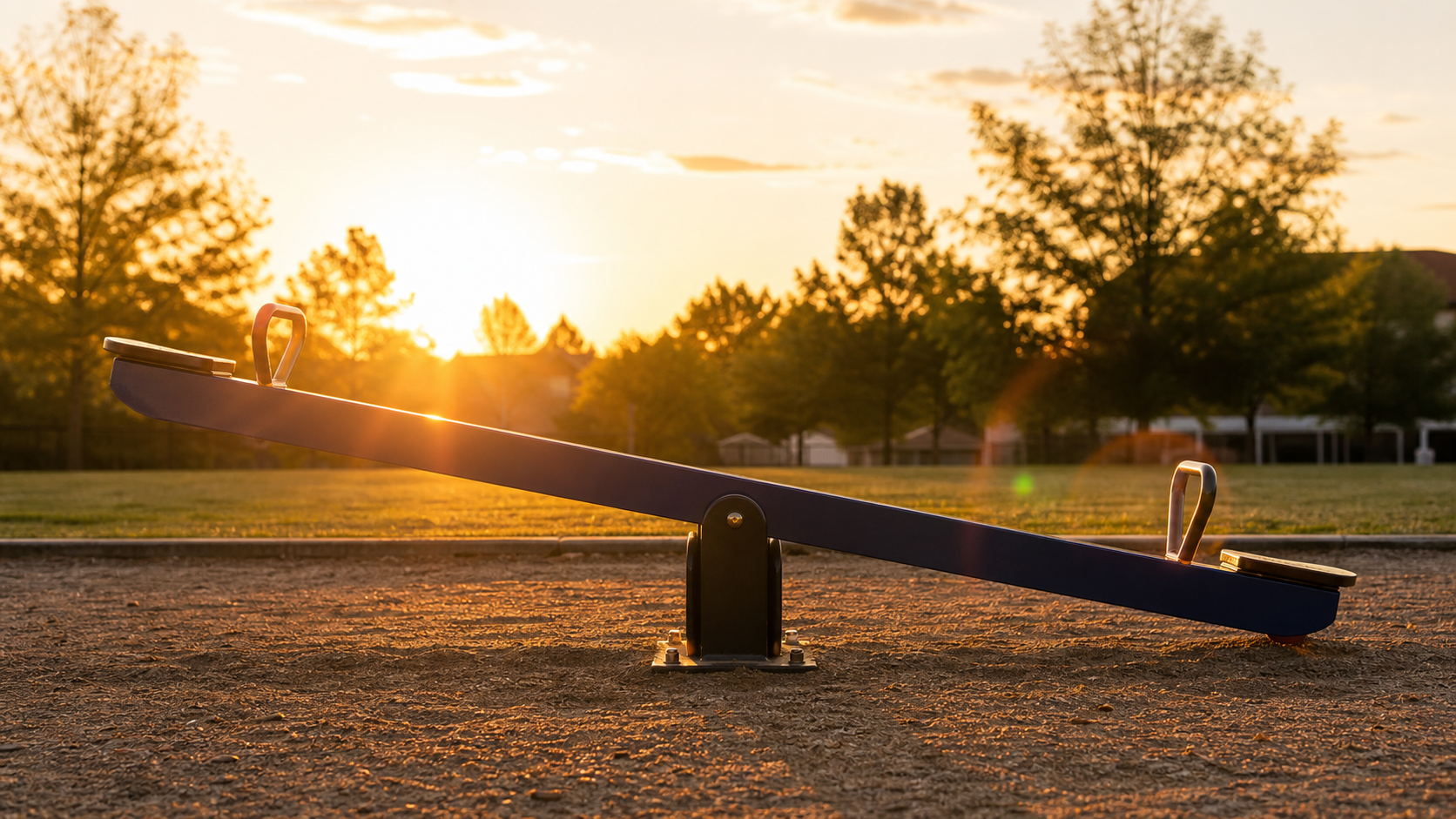 Photorealistic image of an empty playground seesaw at golden hour. One side slightly raised, one side slightly lowered. Warm sunset light casting long shadows. Quiet, contemplative, symbolic of balance. Photorealistic image of an empty playground seesaw at golden hour. One side slightly raised, one side slightly lowered. Warm sunset light casting long shadows. Quiet, contemplative, symbolic of balance.