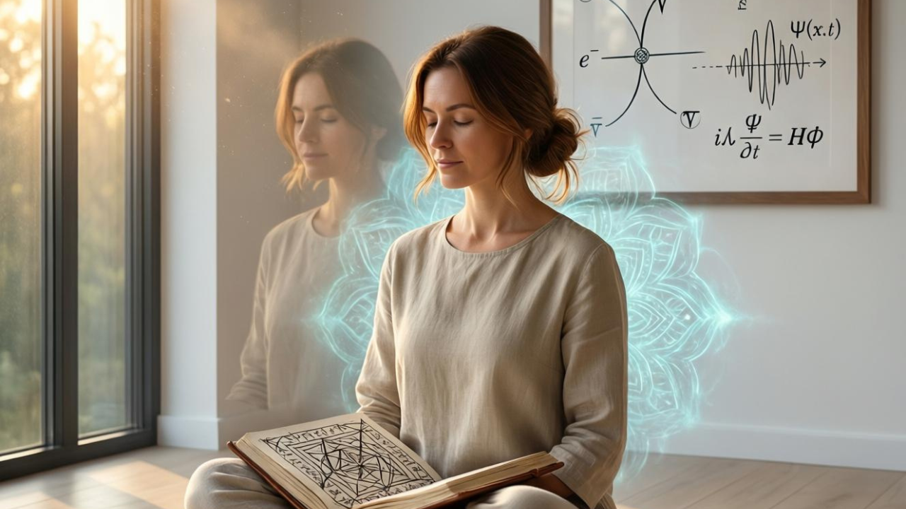 Photorealistic scene of a person meditating at dawn in a minimalist room, soft golden light through windows, holding a journal with sigil drawings, quantum physics diagrams and Feynman sketches visible on the wall behind them, peaceful yet powerful atmosphere, their reflection in a window shows a subtle double-exposure of glowing energy patterns around their body Photorealistic scene of a person meditating at dawn in a minimalist room, soft golden light through windows, holding a journal with sigil drawings, quantum physics diagrams and Feynman sketches visible on the wall behind them, peaceful yet powerful atmosphere, their reflection in a window shows a subtle double-exposure of glowing energy patterns around their body