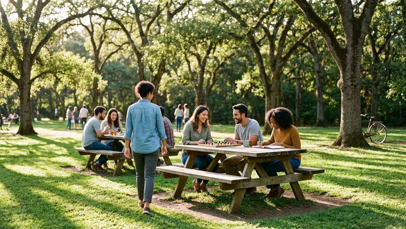 Photorealistic outdoor scene of a sunny park with wooden picnic tables. Three to four people sitting at tables, some playing board games, some chatting, some writing in notebooks. Warm afternoon sunlight through trees. One person walking toward the group from the foreground, friendly posture. Casual clothing, relaxed atmosphere. Photorealistic outdoor scene of a sunny park with wooden picnic tables. Three to four people sitting at tables, some playing board games, some chatting, some writing in notebooks. Warm afternoon sunlight through trees. One person walking toward the group from the foreground, friendly posture. Casual clothing, relaxed atmosphere.