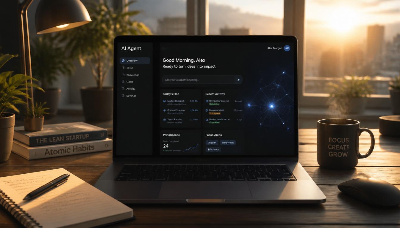A futuristic yet warm morning workspace, soft golden sunrise light through a window, a professional laptop displaying a clean AI agent interface with subtle glowing neural network patterns, a coffee cup and notebook nearby