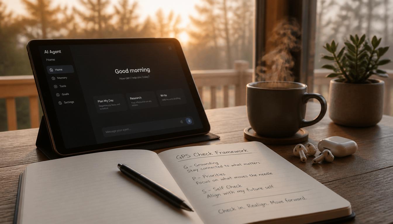 A serene morning desk setup with a tablet displaying a simple AI agent interface, soft sunrise light, a journal open to a page with the GPS Check framework written neatly, earbuds laying next to a warm coffee steam rising, photorealistic, calm and focused mood