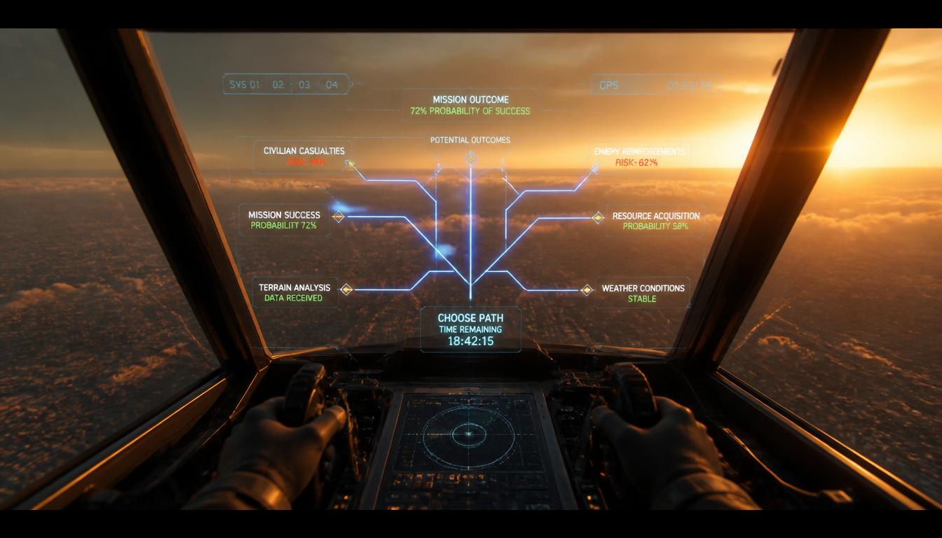 A first-person perspective from inside a futuristic cockpit, looking through a glass HUD (Heads Up Display) showing holographic decision pathways and data streams, sunset lighting