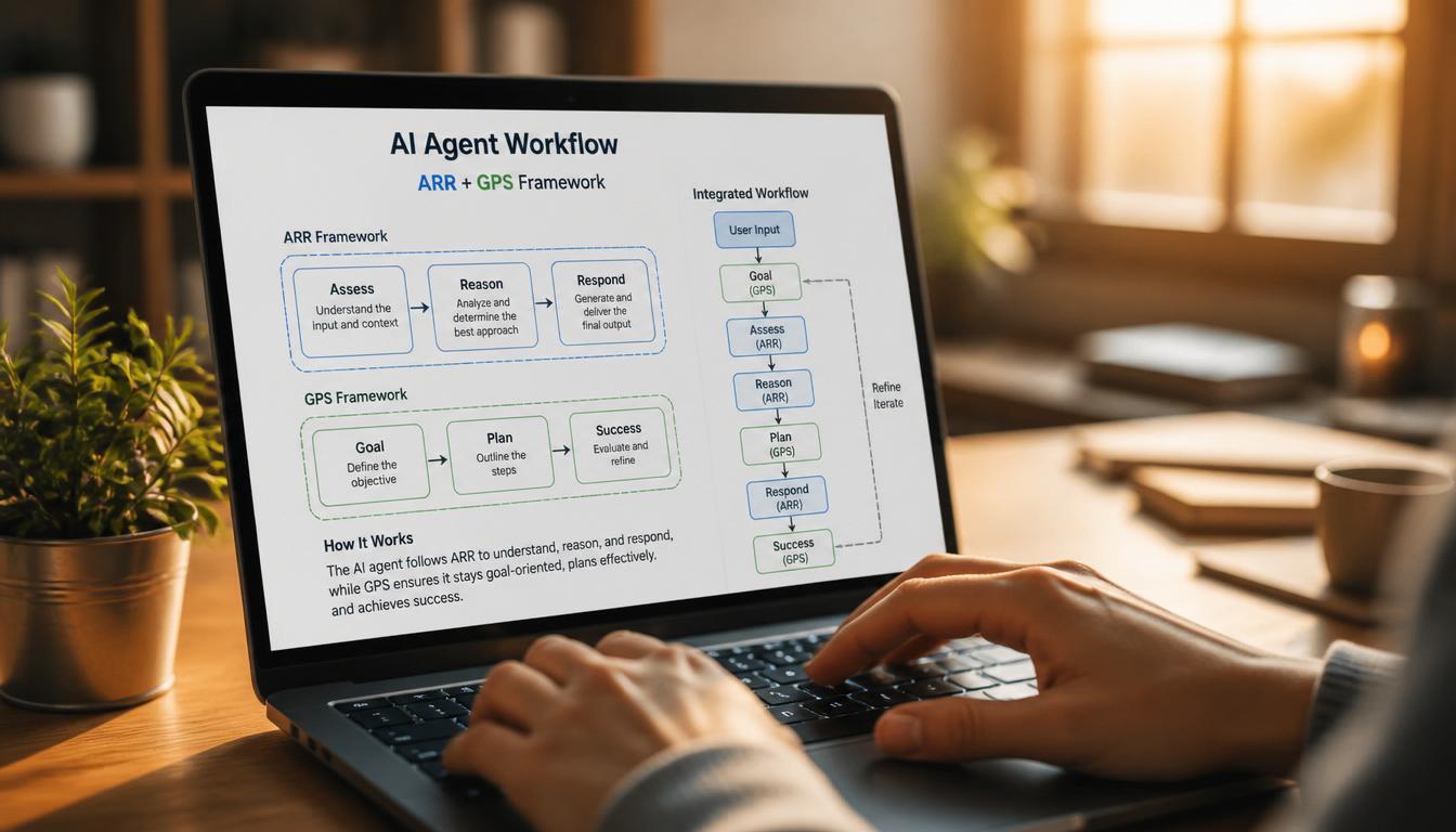 A close-up of hands typing on a laptop keyboard, screen showing a clean AI agent workflow diagram with ARR and GPS frameworks visible, soft focus background of a peaceful home office, golden hour lighting, photorealistic, empowering and actionable mood