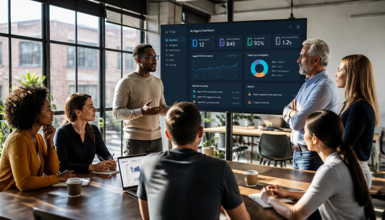 A diverse group of professionals in a bright, modern co-working space, collaborating around a digital screen showing an AI agent dashboard, expressions of focused optimism, natural light, community and innovation mood