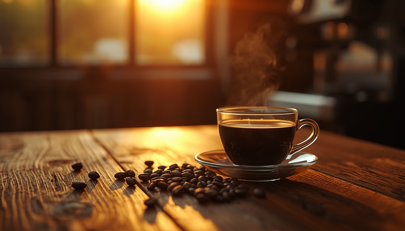 A steaming cup of black coffee on a rustic wooden table at golden hour sunrise, with warm light streaming through a window, coffee beans scattered artistically nearby