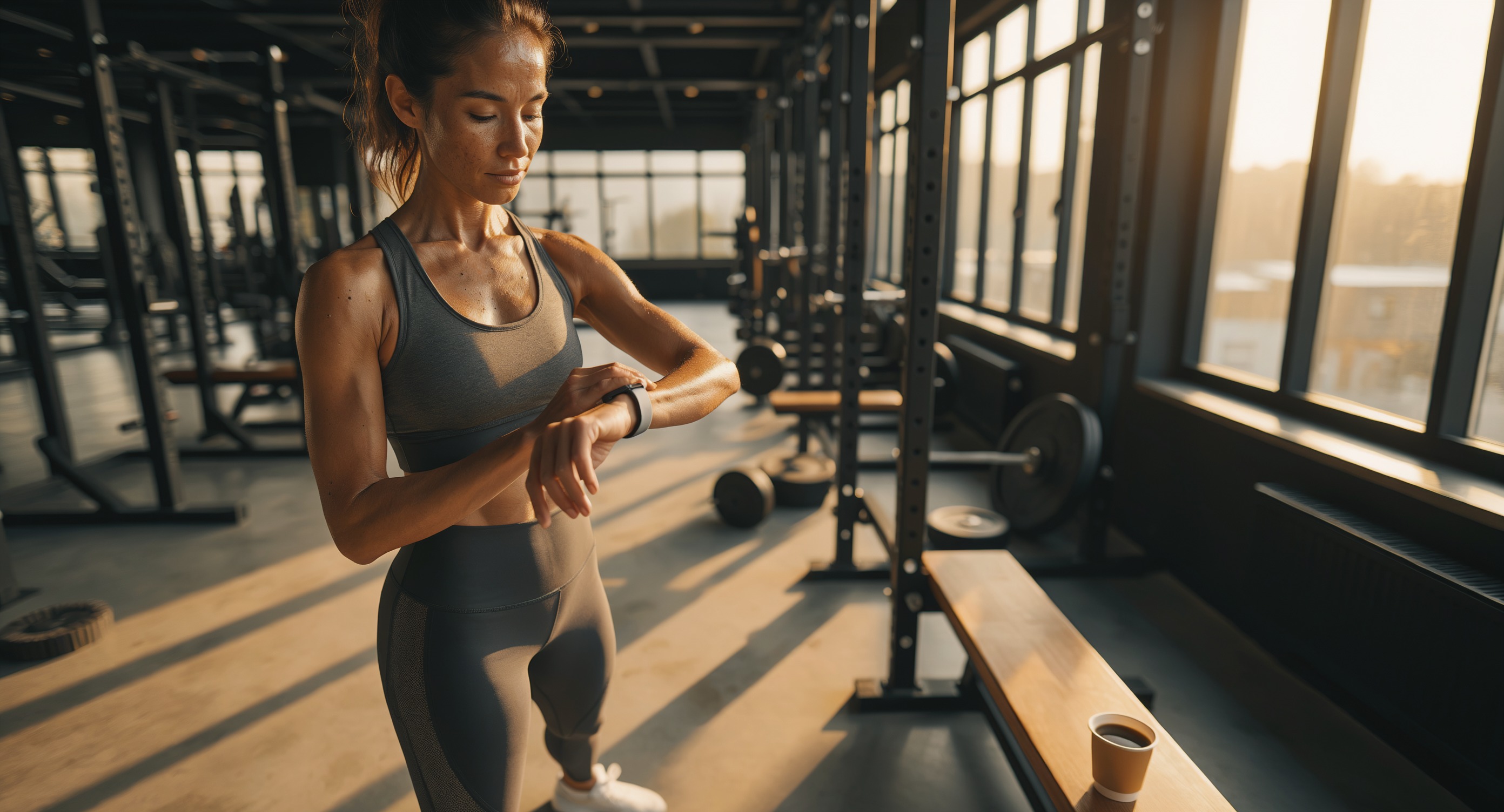 A fit person checking their watch before an afternoon workout in a modern gym, with a cup of coffee visible on a bench nearby, warm afternoon sunlight through large windows