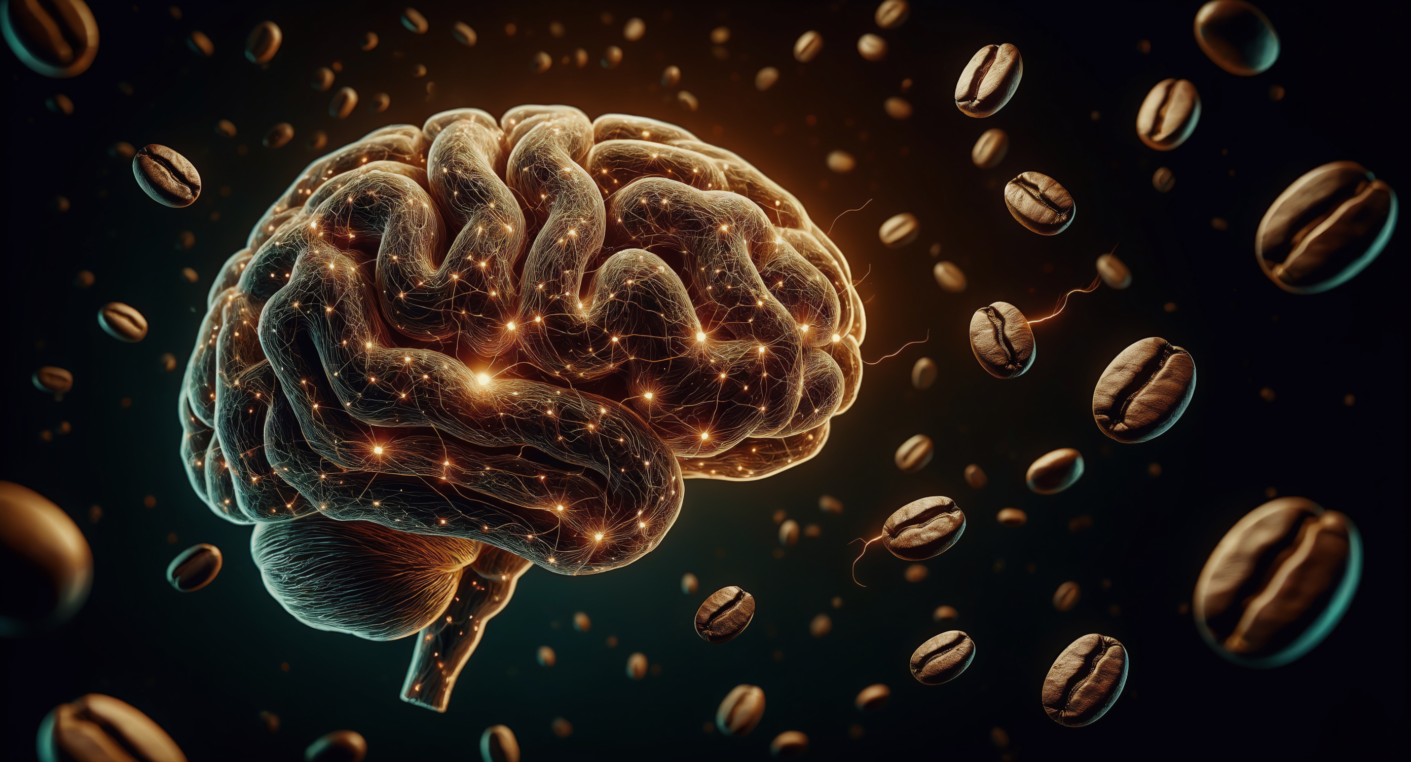 A human brain composed of glowing neural networks with coffee beans floating around it, dark background with warm amber lighting, scientific visualization style, cinematic editorial quality, high detail, conceptual neuroscience art