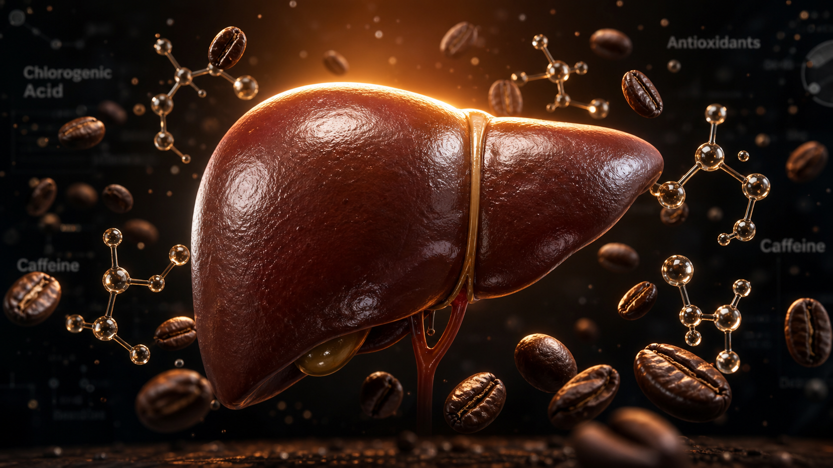 A healthy human liver with a subtle warm glow, surrounded by floating coffee beans and antioxidant molecule visualizations, dark scientific background, medical illustration meets editorial photography