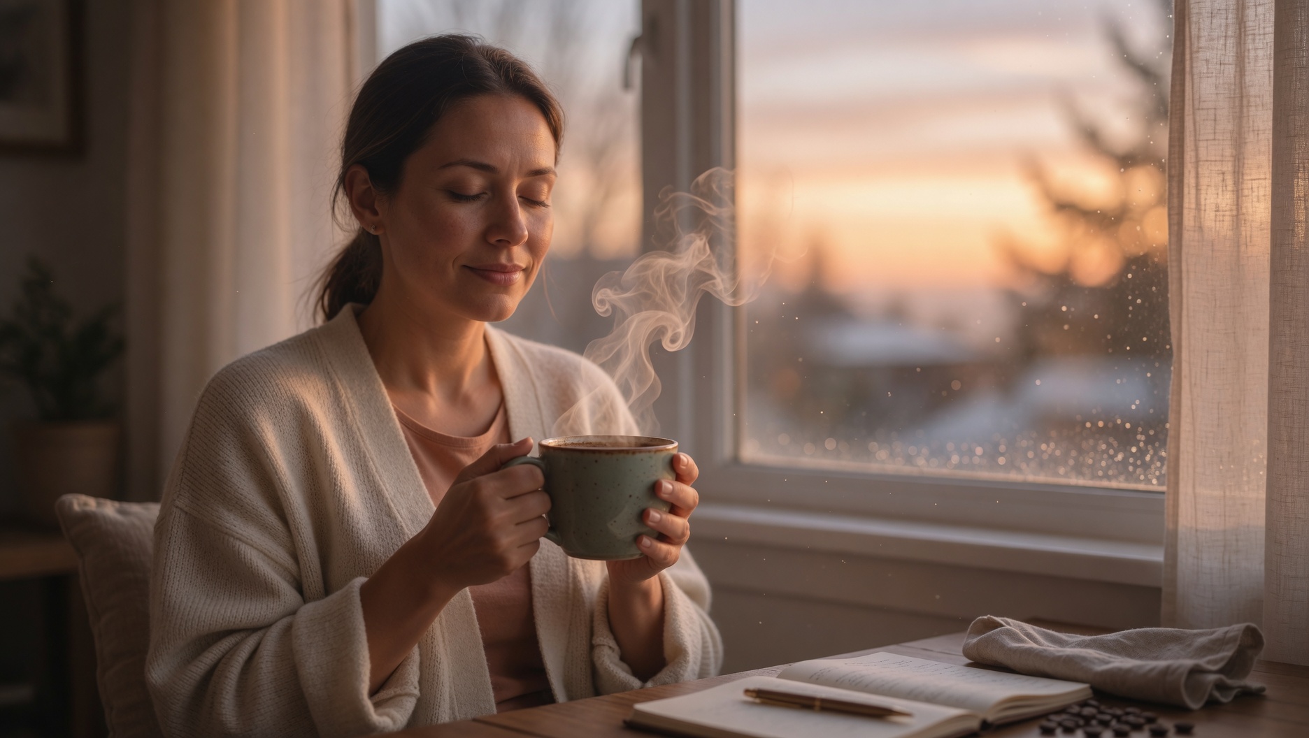 A person sitting peacefully in early morning light with eyes closed, holding a warm cup of coffee with both hands, steam rising, serene expression, soft golden sunrise background